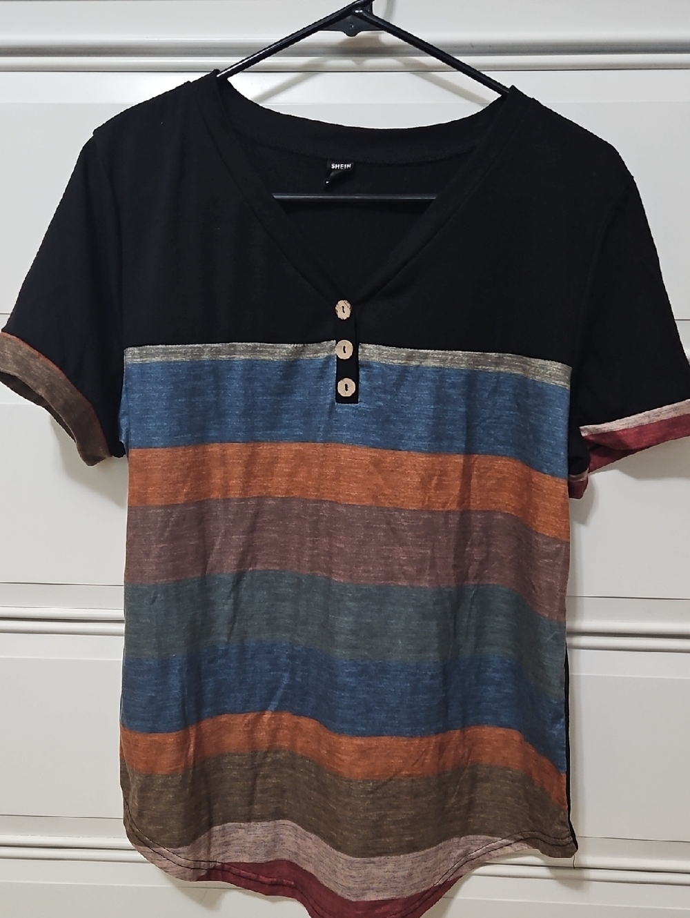 SHEIN Black Multi-Color Striped Short Sleeve Tee